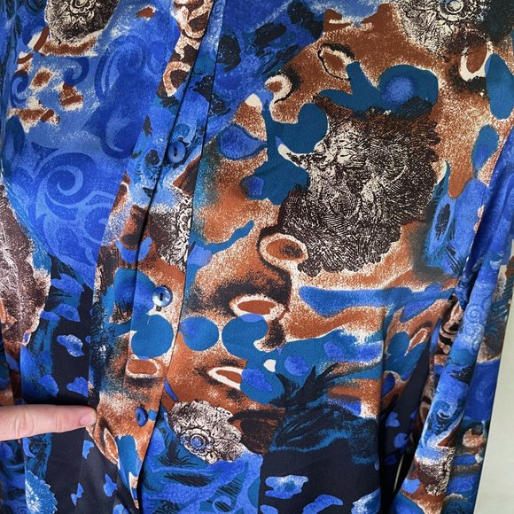 Louis Feraud Womens Blue Black Abstract Long Collared Button Up Shirt Top Size 8 - Picture 5 of 9